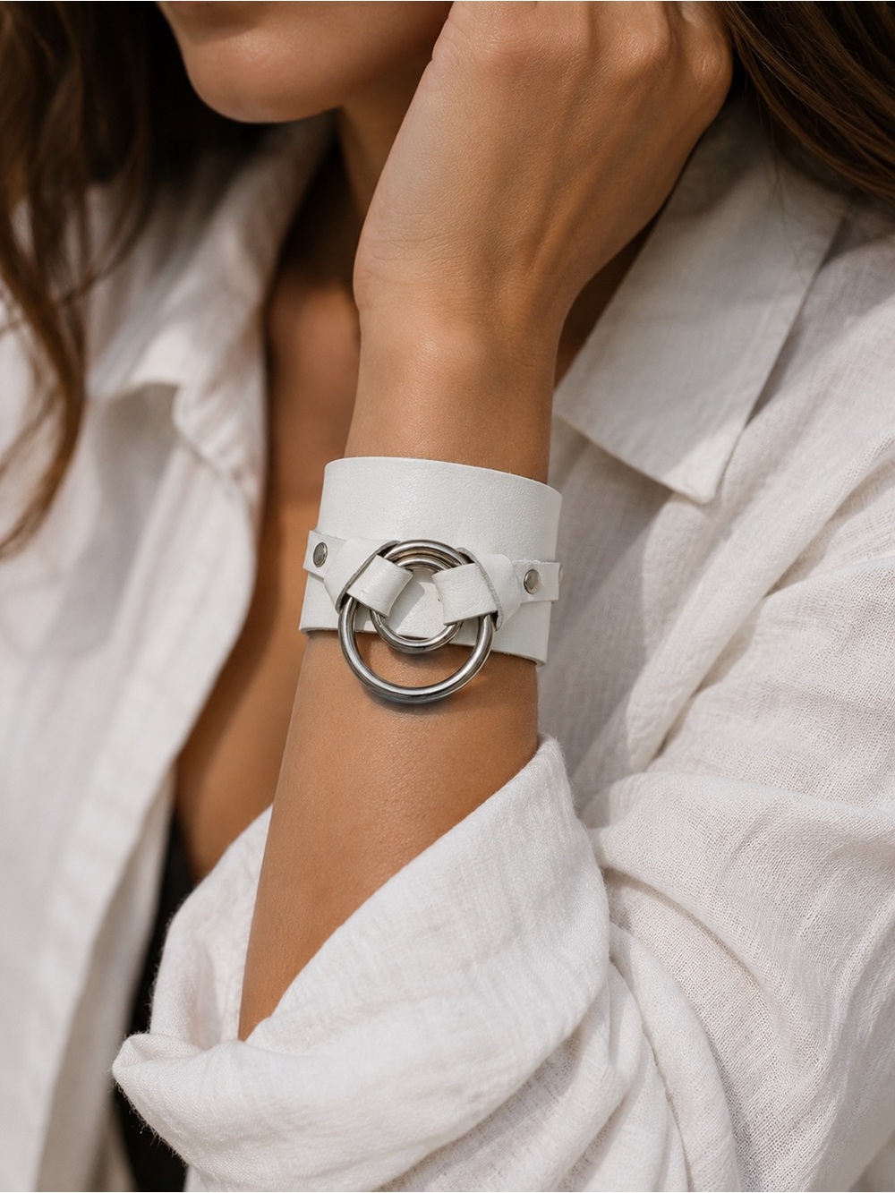 White Leather Double-Ring Cuff Bracelet